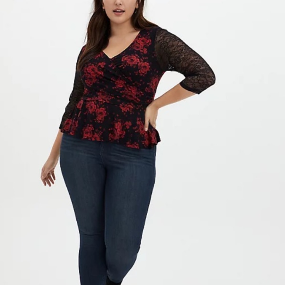 Torrid Super Soft Black Roses Lace Surplice Midi Top